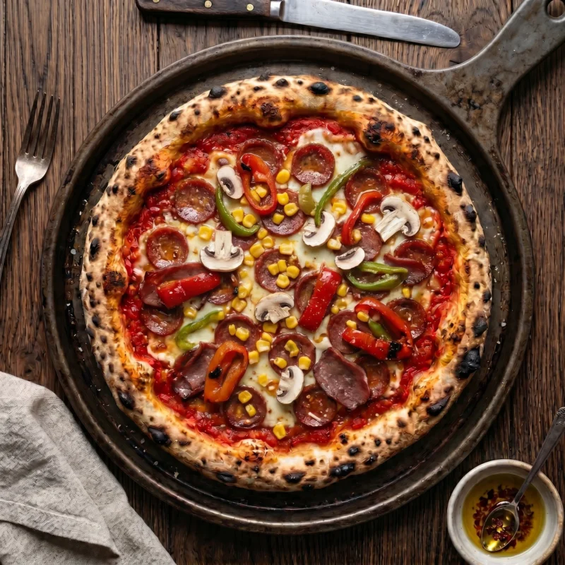 Sucuk, taze mantar, mısır ve yeşil biber malzemeleriyle zenginleştirilmiş karışık Dolu Dolu pizza Doğa Orman Park