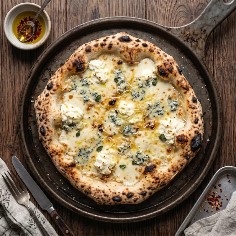 Ricotta, mozzarella, danish blue, parmesan içeriği ile Dört Peynirli Pizza, Doğa Orman Park'ta.