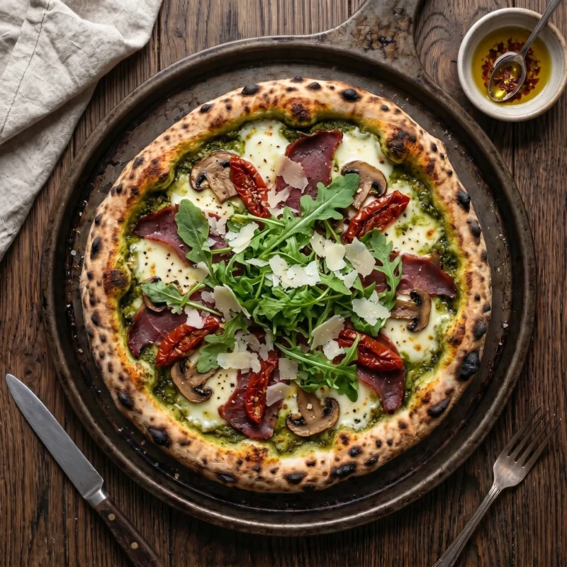 Fesleğenli pesto sos, füme et, mantar ve taze roka yapraklarıyla süslenmiş İtalyan pizzası Doğa Orman Park