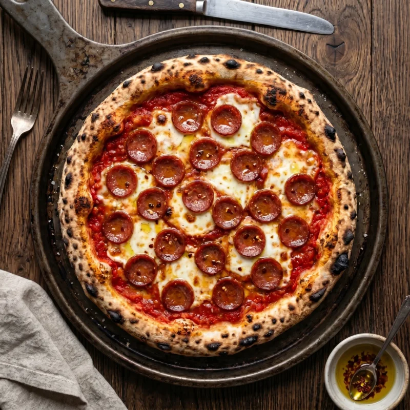 Birinci sınıf sucuk dilimleri, erimiş mozzarella ve domates soslu klasik Pepperoni pizza Doğa Orman Park'ta