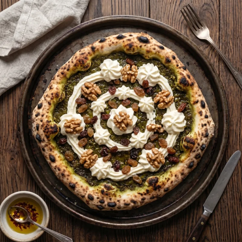 Antep fıstığı ezmesi, kremşanti, ceviz ve kuru üzümle hazırlanan Yirmi Yedi tatlı pizza Doğa Orman Park